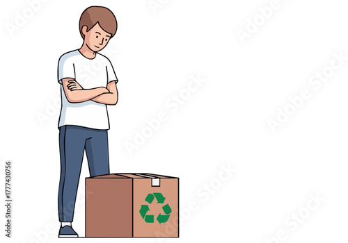 A young man stands with crossed arms, contemplating a recycling box. He appears thoughtful, set against a simple backdrop. Suitable for concepts of sustainability and reflection.