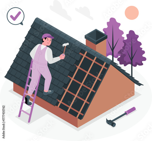 Roofer repairing a house roof with a ladder and tools construction maintenance