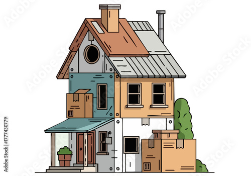 stylized  quirky repurposed house built from salvaged materials It-s a charming eco-conscious design with a playful modern aesthetic Perfect for sustainability or architectural concepts