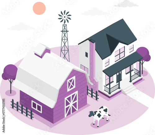 Rural farm scene with barn house and cow countryside