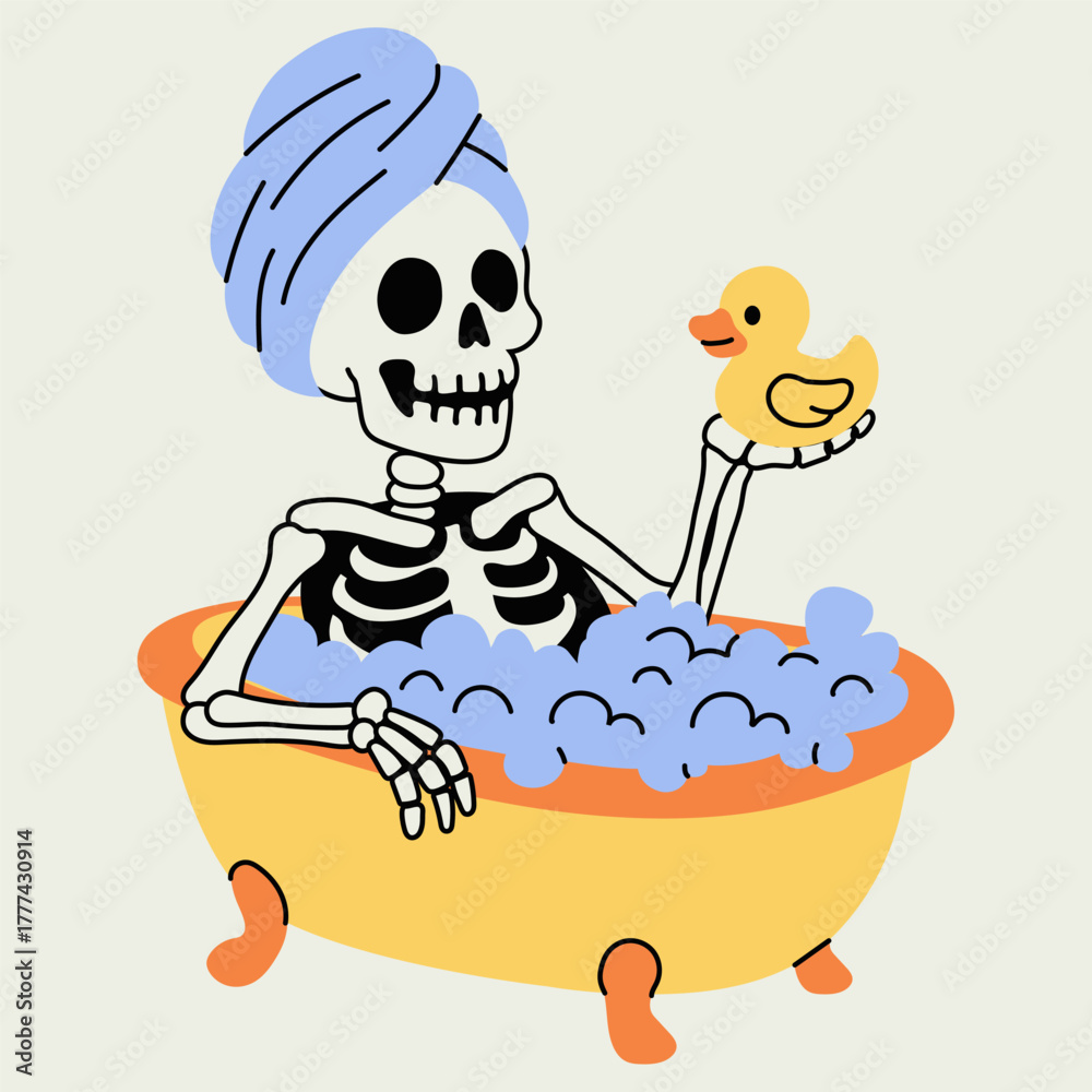 Obraz premium Funny Skeleton Taking a Bubble Bath with Rubber Duck