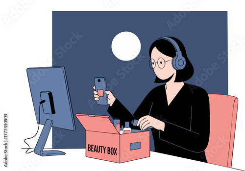 A woman enjoys a beauty box unboxing via video call. Modern, stylish, and focused on online beauty trends. Clean composition, inviting aesthetic.