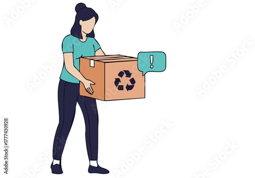 A woman carries a cardboard box with a recycling symbol, indicating setup or relocation. Modern illustration style.