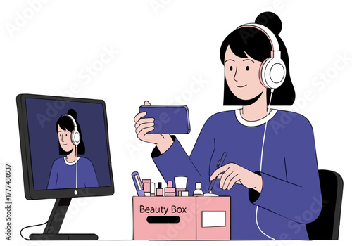 A young woman films a beauty box unboxing on her phone, wearing headphones. A digital avatar mirrors her actions, creating a dual-screen effect. Modern, stylish, and engaging.