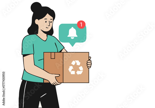 A woman holds a recycling box with a notification alert. Modern illustration style, clean design, promoting sustainability. Ideal for environmental campaigns.