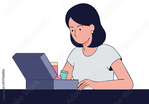 A woman excitedly opens a beauty box at night. Soft lighting highlights the contents, creating a cozy and inviting scene. Perfect for subscription box or beauty product visuals.