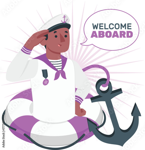 Sailor saluting with welcome aboard message and anchor Keywords: sailor, navy, maritime