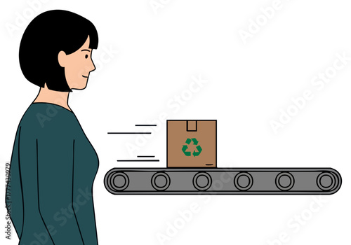 A woman watches a delivery box on a conveyor belt, anticipating night delivery. Simple, modern illustration with a focus on convenience and nighttime logistics.