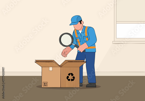 A worker inspects a cardboard box with a magnifying glass. Clear, detailed illustration for commercial use. Focus on the box and the inspector.