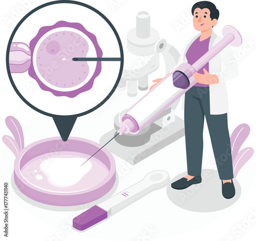 Scientist Performing In Vitro Fertilization with Syringe and Microscope needle