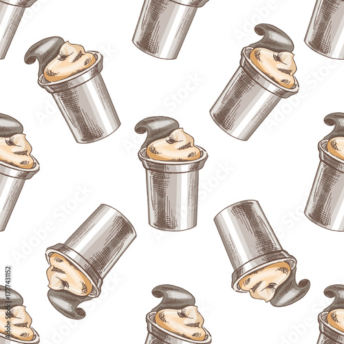 Hand drawn vintage seamless pattern of creamy yogurt dessert in plastic cup with open foil lid pastel illustration