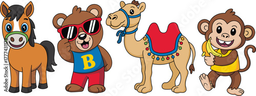 Cute cartoon animal characters vector illustration, funny bear with sunglasses, horse, camel, monkey holding banana, adorable kids mascot design