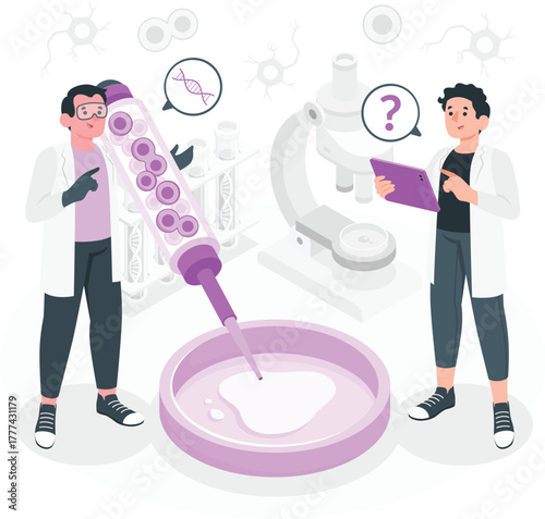 Scientists conducting research with petri dish and microscope laboratory science