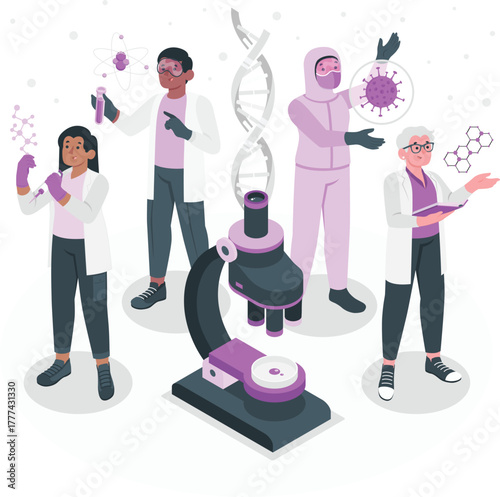 Scientists Studying DNA Molecules and Viruses in Laboratory researchers illustration