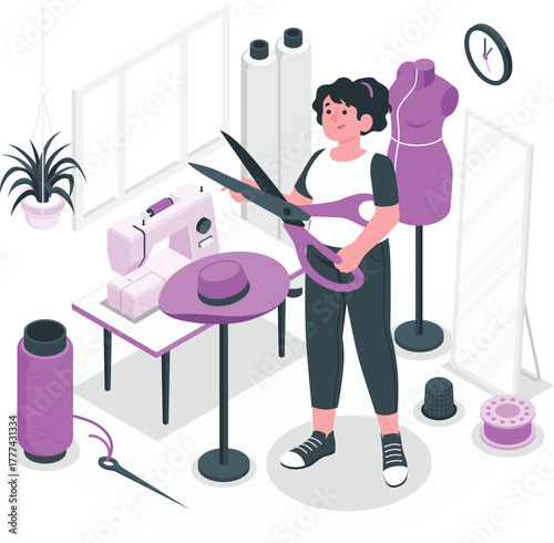 Seamstress with scissors at a sewing machine in a studio tailor fashion designer
