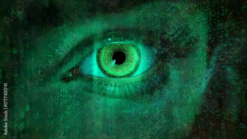 Glowing green eye with cascading digital code overlay in dark cyber atmosphere