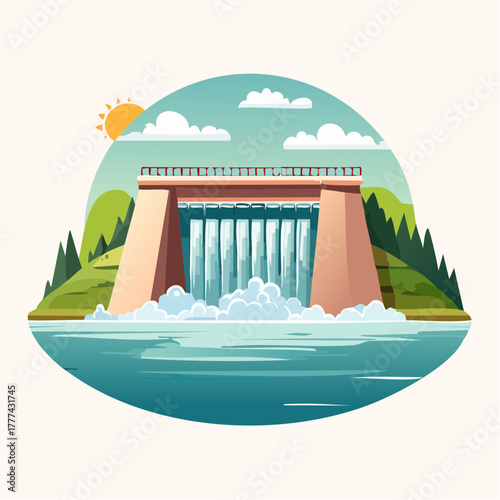 Cartoon Illustration of a Hydroelectric Dam with Water Flowing 1.