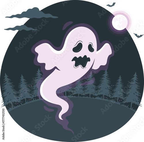 Spooky ghost flying in a dark forest with bats and full moon halloween scary