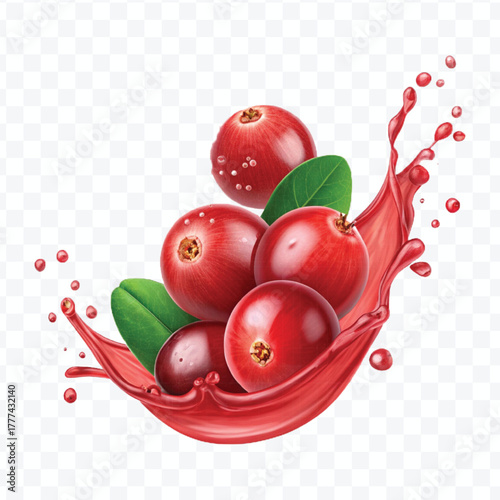 realistic cranberry  fruits with red liquid juice splash in different style isolated on transparent background