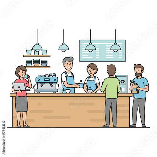 Coffee Shop Scene with Baristas and Customers Vector Illustration