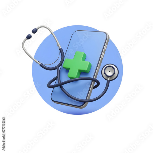 Medical stethoscope and green cross on a blue circle isolated on transparent background