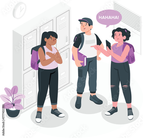 Students being bullied at school lockers with one crying bullying teenagers