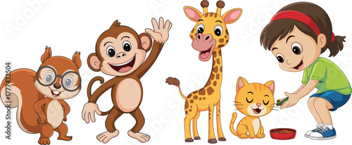 Cute cartoon animals and girl feeding cat, funny squirrel, monkey, giraffe, and kid character vector illustration for children
