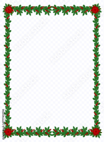 Christmas frame. Vector illustration of a garland of Christmas fir branches with red berries and a flower on a transparent background. Suitable for cards, invitations, notepads, notebooks and posters.
