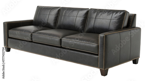 Luxury black leather sofa isolated on dark background. Modern furniture design concept.