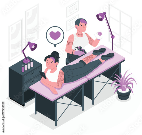 Tattoo artist working on client in studio tattooing