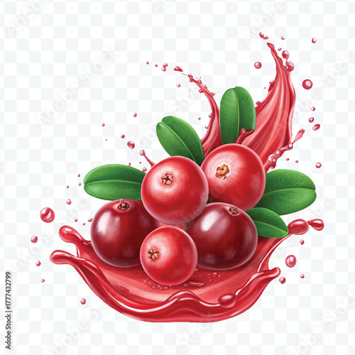 realistic cranberry  fruits with red liquid juice splash in different style isolated on transparent background