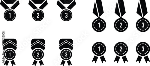 Collection of black and white silhouette medals for first second and third place winners featuring ribbons and decorative elements for sports competitions and achievements