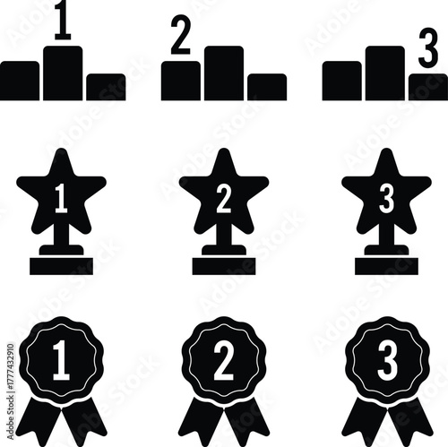 Collection of silhouetted podium trophies ribbons and numbered first second and third place awards for competition and achievement