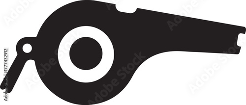 A stark black silhouette of a classic referee s whistle with a white circular opening isolated on a clean white background symbolizing authority and signaling
