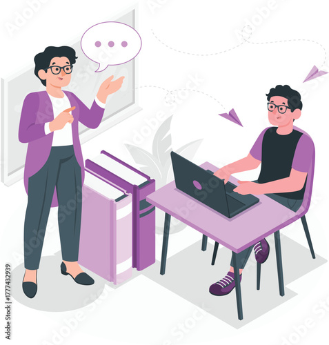 Teacher instructing student with laptop and books education learning