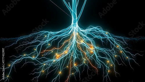 mycorrhiza. An X-ray view of plant roots unveiling a hidden glowing network weaving through the soil. bar promotions, beverage menus, designed for food & beverage menus and cafe branding.