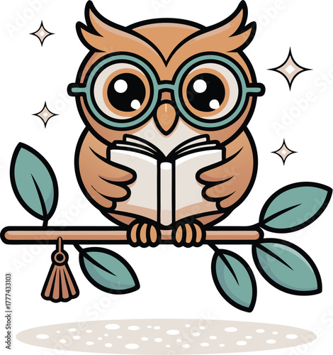 Cute Reading Owl with Glasses on Branch Vector Illustration