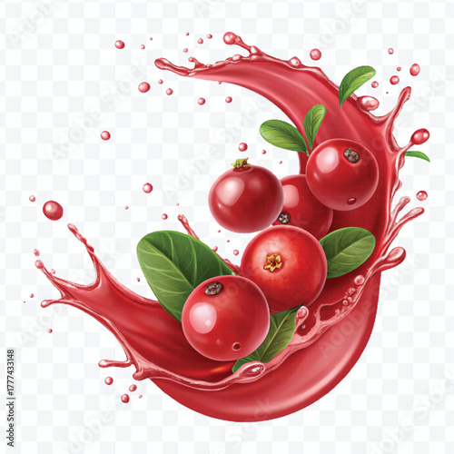 realistic cranberry  fruits with red liquid juice splash in different style isolated on transparent background