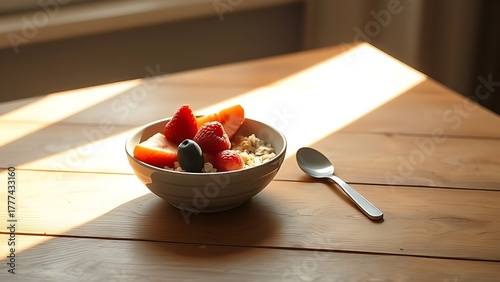 advantageous. A simple, wholesome breakfast on a sunlit wooden table with a beam of light illuminating a bowl of oats and fruit. menu design.