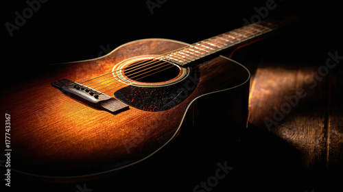An acoustic guitar in a dramatic, dimly lit setting. The instrument's rich wood grain is beautifully highlighted