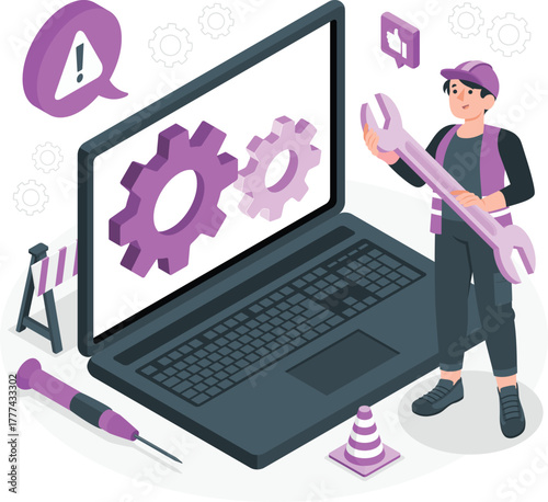 Technician fixing laptop with gears and tools illustration repair maintenance