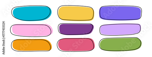 Set of colorful organic shapes in doodle style. Templates for textboxes, speech or quote bubbles, message or dialogue balloons, tags or labels isolated on white background. Vector flat illustration.