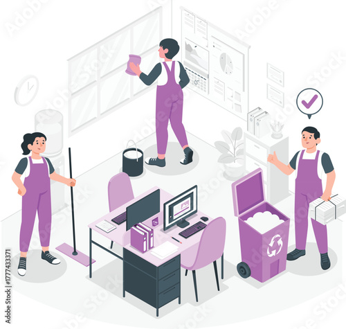 Three cartoon cleaners in purple overalls cleaning an office cleaning service office cleaning