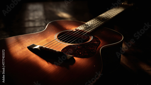 An acoustic guitar rests in a warm, inviting light, ready to create melodies. A symbol of harmony and artistic expression, perfect for music lovers