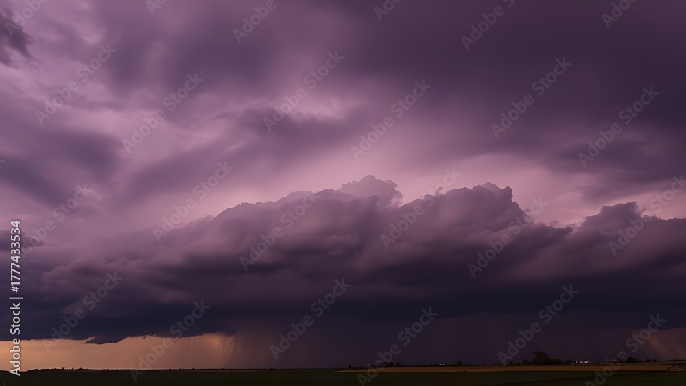 Fototapeta premium midgard. Dark purple storm clouds gathering before rainfall, dramatic sky formation, natural weather phenomenon. travel magazines, destination branding, designed for travel destination branding.