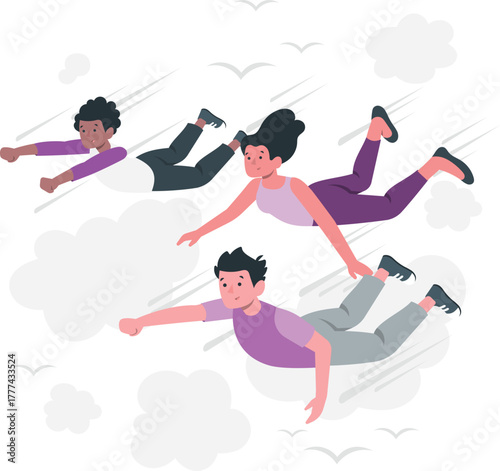 Three diverse people flying through the sky like superheroes clouds