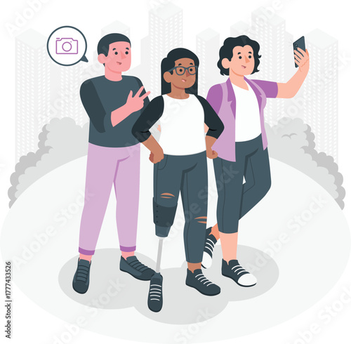 Three diverse friends taking a selfie with a prosthetic leg and a peace sign group photo inclusion