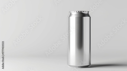 Blank silver aluminum can mockup for beverage packaging. Unbranded drink container template on a white background with copy space