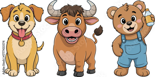 Cute cartoon animals collection, happy dog, funny bull, and adorable teddy bear with milk bottle, vector illustration for kids design