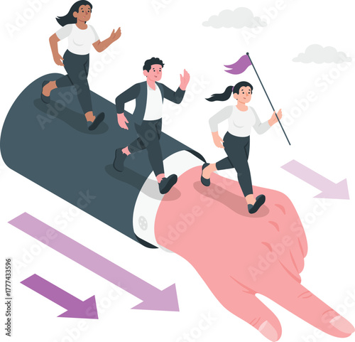 Three diverse people running on a giant hand holding a purple flag group teamwork